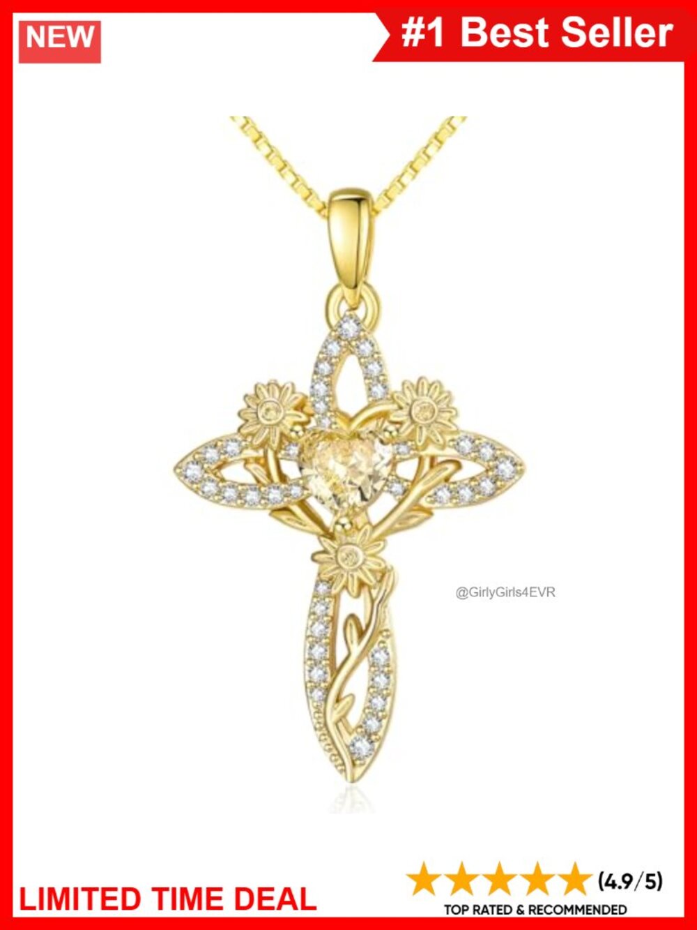 14k Gold Plated Sunflower Cross Pendant Necklace Cubic Zirconia 18+2"